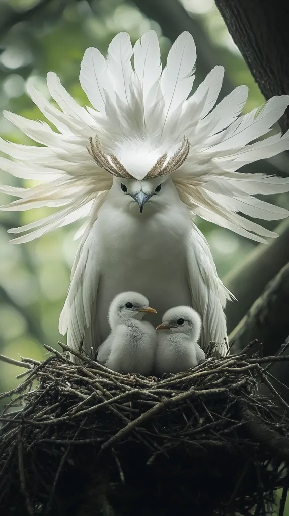 A majestic white bird, its feathers forming a magnificent crown, stands protectively over two fluffy chicks nestled in a dark, twiggy nest. The parent bird's intense gaze and flared plumage suggest a watchful guardian. The soft light and muted background enhance the image's serene yet powerful mood, creating a breathtaking display of avian family life. The scene is both striking and tender.