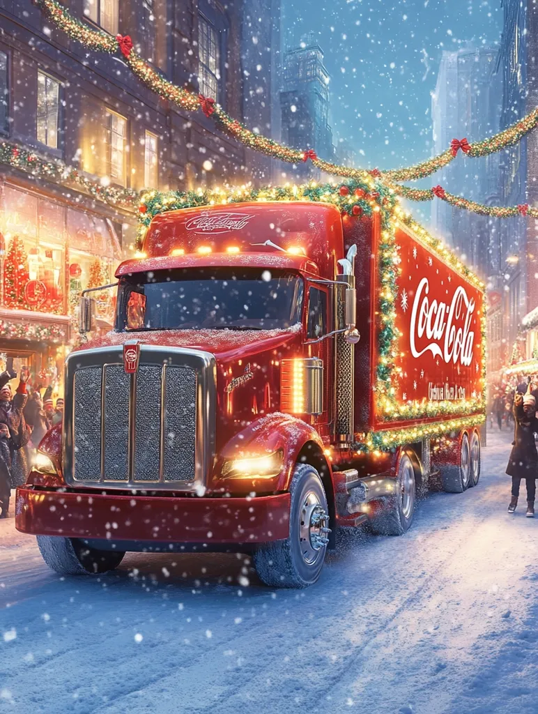 A festive red Coca-Cola semi-truck, adorned with Christmas lights and garlands, drives down a snow-covered city street.  The street is lined with beautifully decorated buildings, also glowing with Christmas lights.  Snow gently falls, creating a magical winter scene.  People stand on the sidewalk, witnessing the arrival of the iconic holiday truck. The overall mood is joyful and celebratory, capturing the spirit of Christmas.