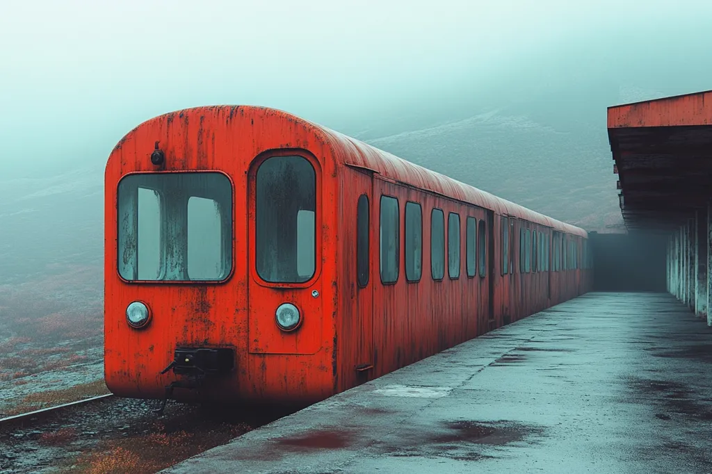 A long, rusty, red train sits at a deserted, foggy train station.  The train's paint is peeling, and the overall atmosphere is one of isolation and abandonment.  The misty background reveals a bleak, hilly landscape.  The platform is wet, and the scene evokes a sense of melancholy and quiet mystery. The faded red of the train contrasts sharply with the muted greys and blues of the surroundings.