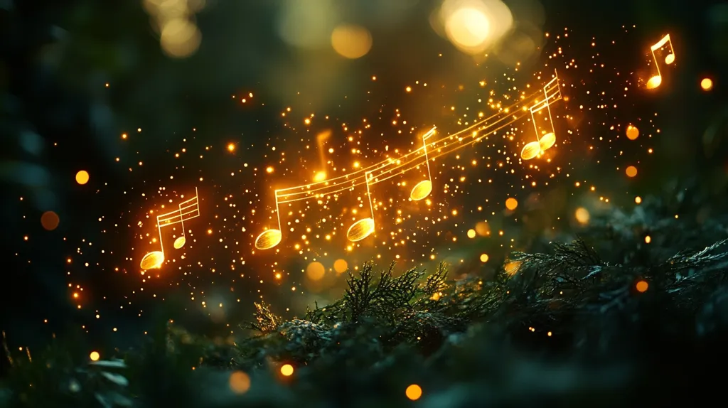 Golden musical notes, glowing like embers, float through a dark, bokeh-filled scene.  Tiny sparkling lights surround and trail the notes, creating a magical, ethereal effect.  The notes appear to descend towards a bed of dark green foliage, suggesting a sense of tranquility and wonder. The overall mood is one of enchantment and musical inspiration within a natural setting.