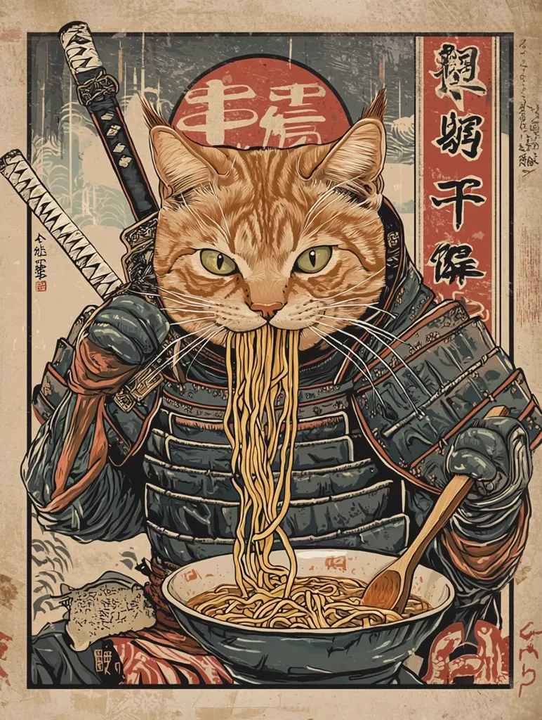 Here's a description of the image:

The image is a stylized artwork in the style of a vintage Japanese woodblock print (Ukiyo-e). It depicts an orange tabby cat dressed as a samurai warrior, intensely focused on slurping a large bowl of ramen noodles.  The cat wears a dark, detailed samurai armor and holds two swords.  Japanese characters are prominently displayed in the background and around the artwork. The overall aesthetic blends the fierce demeanor of a samurai with the endearing image of a cat enjoying a simple meal, creating a humorous and visually captivating juxtaposition.  The color palette is muted and earthy, reflecting traditional printmaking techniques.