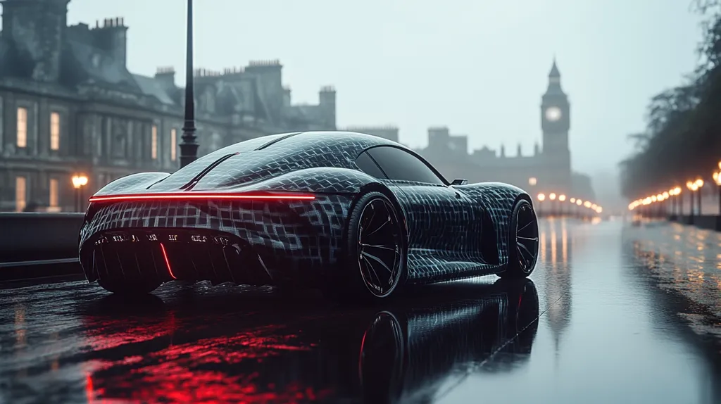A futuristic, dark-grey sports car with a unique patterned design is parked on a rain-slicked street.  The background features a blurred but recognizable London cityscape, with the Houses of Parliament and Big Ben visible in the distance under a misty sky. The car's sleek lines and red taillights are highlighted by the reflections on the wet pavement.  The overall mood is moody and atmospheric.