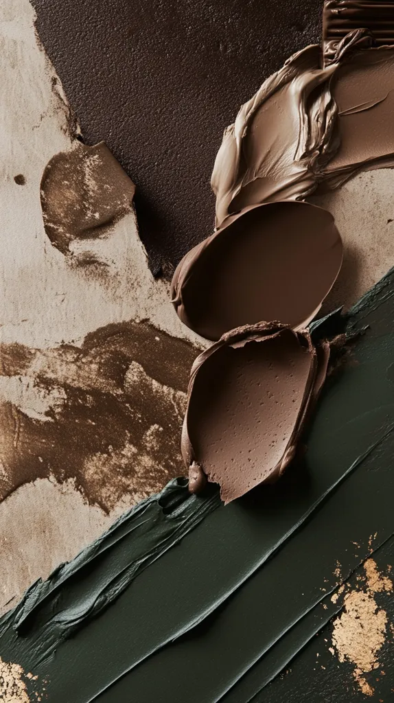 An abstract image showcases a palette of earthy tones.  Swatches of deep brown, taupe, and a dark olive green are applied with visible brushstrokes, creating a textured effect.  The paint appears thick and creamy, with some areas blending smoothly while others retain a distinct impasto quality.  A hint of metallic gold is subtly visible in the bottom right corner, adding a touch of contrast to the overall muted palette. The composition suggests an artistic exploration of color and texture.