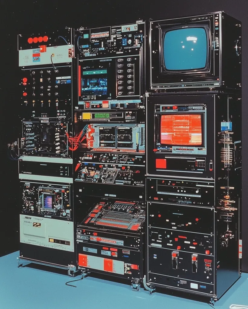 This image shows a vintage, possibly 1970s, electronic system. It's a complex array of interconnected black consoles and units, featuring numerous knobs, buttons, switches, and screens displaying various data.  A television monitor sits atop the structure. The overall aesthetic is retro-futuristic, with a dark, industrial feel. The units are stacked in a modular fashion, suggesting a sophisticated, likely experimental or scientific, application.  Wires connect the different components.  The color palette is dominated by dark tones with accents of red and light blue on the display screens.
