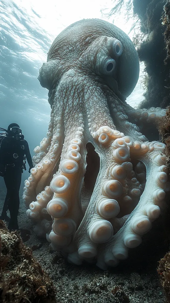 Here's a description of the image:

An immense, pale-colored octopus dominates the frame, its massive body and numerous suction-cupped arms filling most of the underwater scene.  A diver, silhouetted in the background, offers a sense of scale, emphasizing the octopus's impressive size. The octopus rests on a sandy seabed near a rocky outcrop, the underwater environment appearing somewhat dark and mysterious. The image’s focus is clearly on the octopus's textured skin and the intricate detail of its arms. The overall mood is one of awe and wonder at the creature's magnificence.
