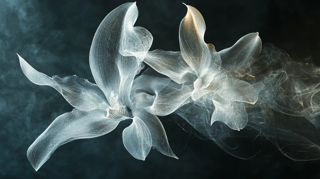 Here's a description of the image:

The image showcases two ethereal, translucent flowers, seemingly crafted from delicate, interwoven threads or fabric.  Their forms are reminiscent of orchids, with elongated petals that curve gracefully.  The flowers are a pale, silvery-white, almost glowing against a dark, moody background.  Wispy smoke or fog swirls around and between the blossoms, adding to their otherworldly quality and creating a sense of depth and mystery. The overall effect is one of delicate beauty and subtle drama.