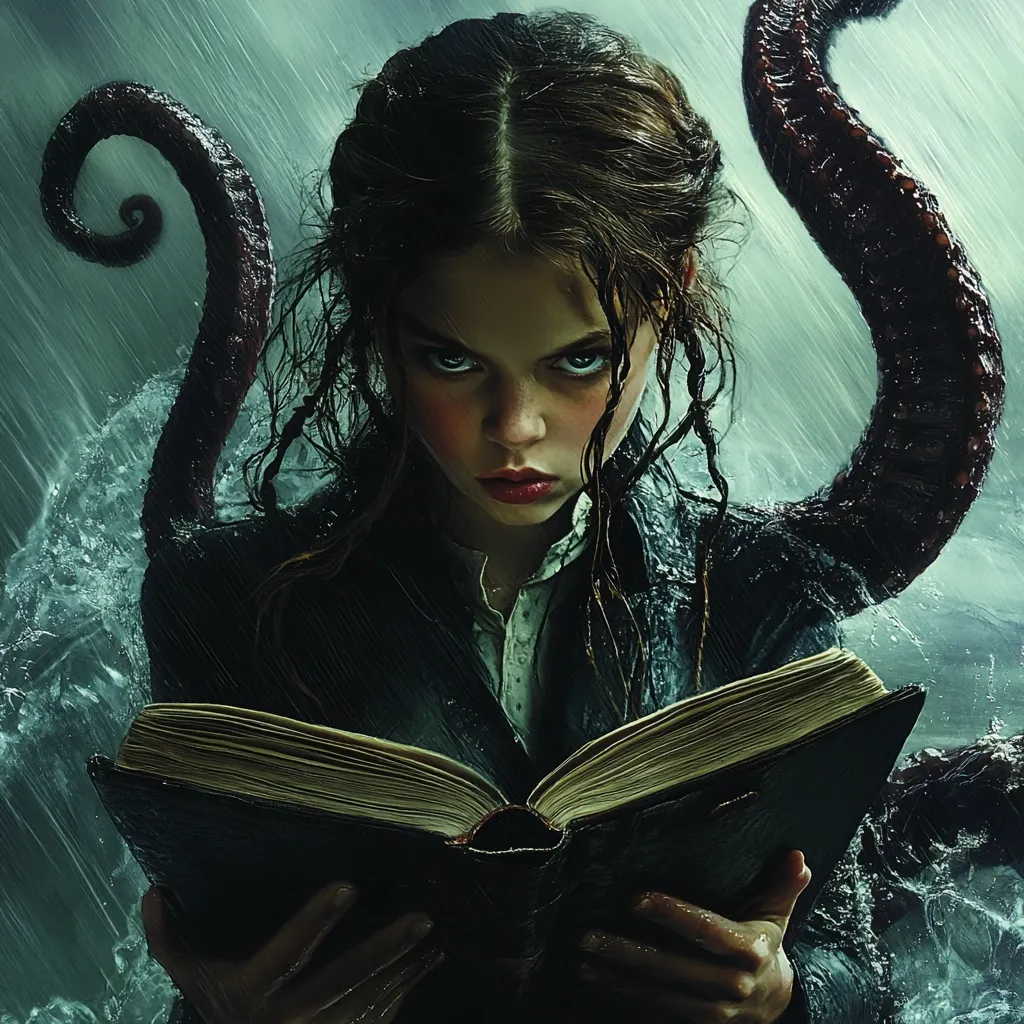 The image depicts a young girl with a serious, almost defiant expression.  Her dark hair is wet, clinging to her face. She holds an old, leather-bound book open in her hands.  Behind her, a large, dark tentacle, suggestive of an octopus, wraps around her, partially obscured by splashing water and a stormy backdrop. The overall mood is dark, mysterious, and hints at a fantastical or supernatural element. The girl's intense gaze directly engages the viewer, creating a compelling and somewhat unsettling scene.