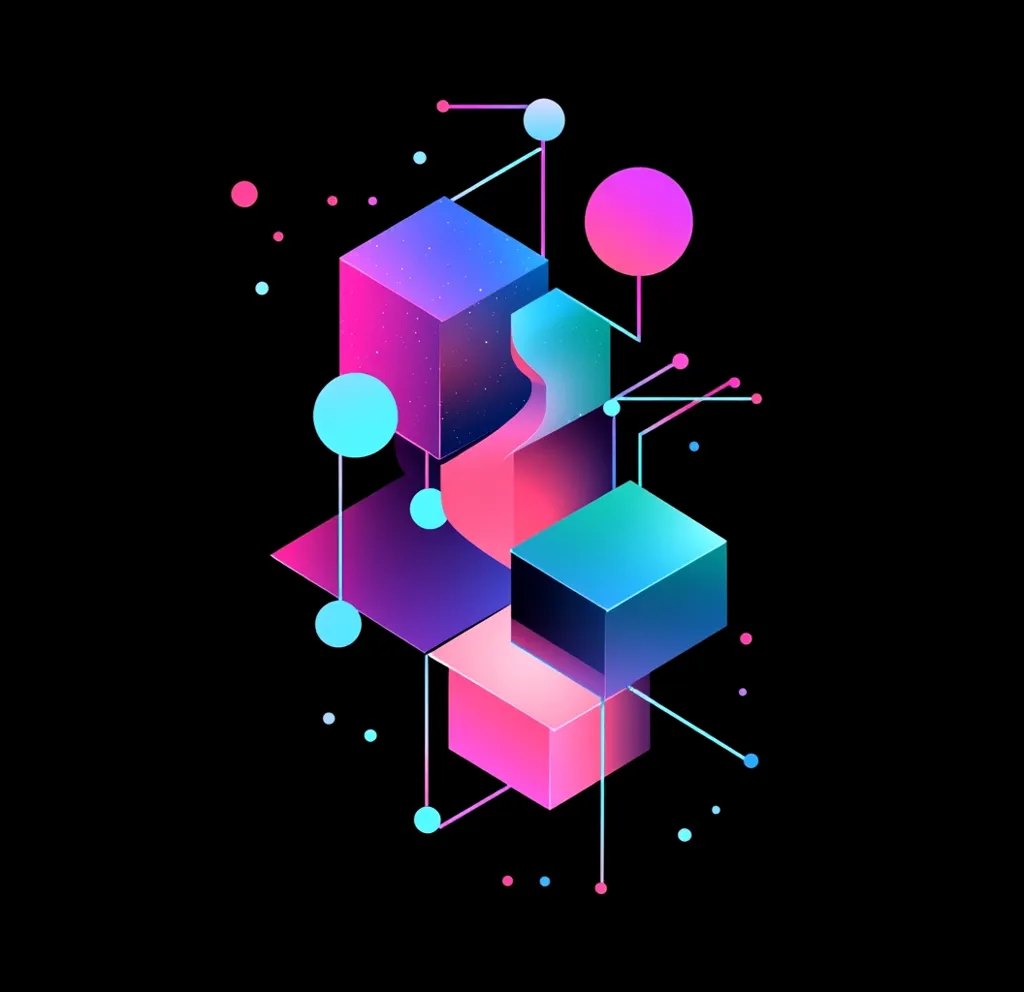 The image is an abstract composition on a black background. It features several isometric cubes and shapes in vibrant pink, blue, and purple hues.  These glowing, almost holographic, shapes are interconnected by thin lines, resembling a network or circuitry.  Small dots and circles are scattered around the central cluster, adding to the overall futuristic and technological feel. The overall style suggests a modern, digital aesthetic.