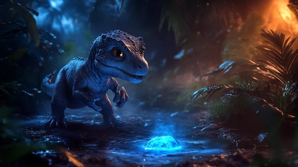 A digitally rendered image depicts a baby dinosaur, dark blue and almost black, standing in a dimly lit jungle scene.  It is looking down at a glowing blue stone floating in a small pool of water.  The surrounding environment is lush and dark, with tropical foliage partially illuminated by an unseen light source. The overall mood is mysterious and enchanting. The dinosaur appears curious and small against the backdrop of the large, shadowy jungle.