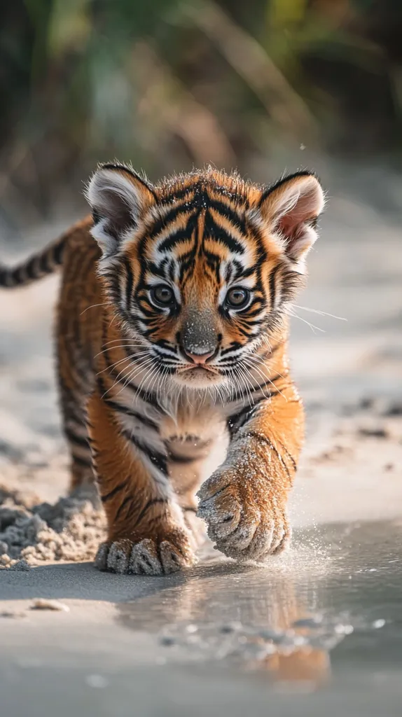 Here's a description of the image:

The image showcases an adorable tiger cub, its orange and black striped fur dusted with sand, walking towards the viewer on a sandy beach.  Its large, expressive eyes and tiny paws are clearly visible.  The cub's paws are slightly wet, leaving prints in the sand next to a small, reflective puddle of water.  The background is blurred, suggesting a natural, outdoor setting. The overall mood is one of innocence and natural beauty.