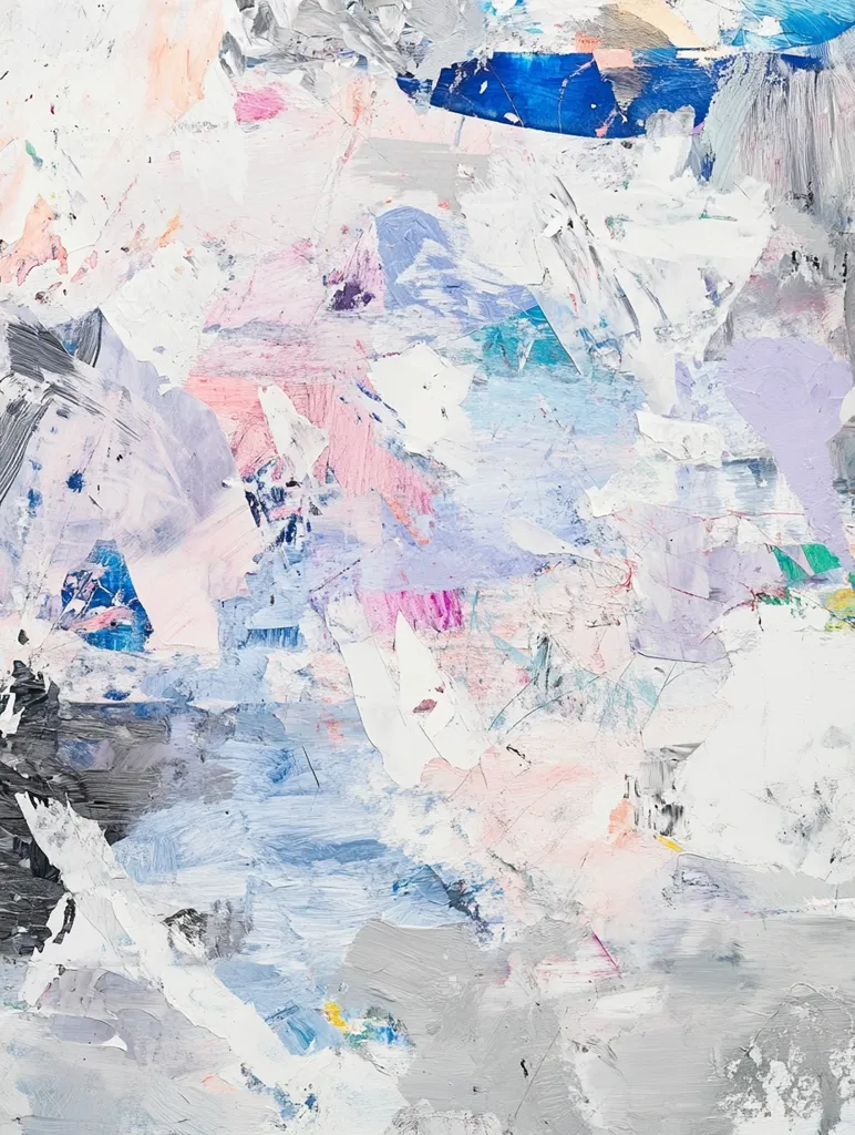 The image is an abstract painting dominated by a palette of pale blues, grays, pinks, and whites.  Thick, textured brushstrokes create a sense of depth and movement.  The paint is applied in a layered, impasto style, with visible areas of bare canvas peeking through.  Colors blend and contrast, creating a dynamic and visually engaging composition that evokes a feeling of airy lightness and subtle energy.  There are hints of brighter colors, like a small splash of blue and touches of yellow, adding visual interest.