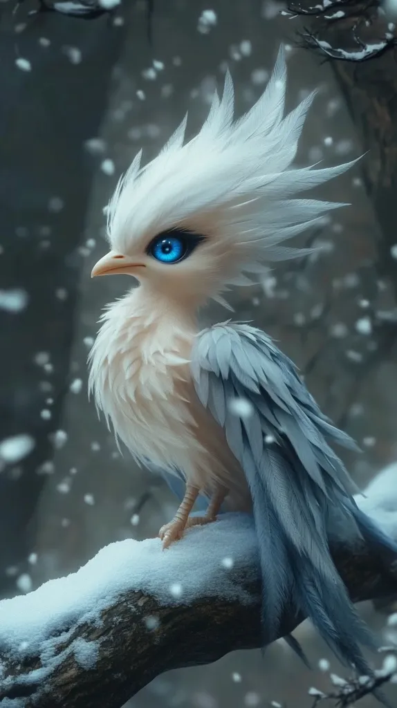Here's a description of the image:

A digitally created image showcases a fantastical bird, perched on a snow-covered branch in a wintry forest.  The bird is predominantly white with soft, fluffy plumage, contrasted by striking blue feathers on its wings and tail.  Its eyes are a vibrant, captivating blue.  Snow gently falls around it, creating a serene and magical atmosphere. The background is blurred, emphasizing the bird as the focal point. The overall style is whimsical and enchanting.