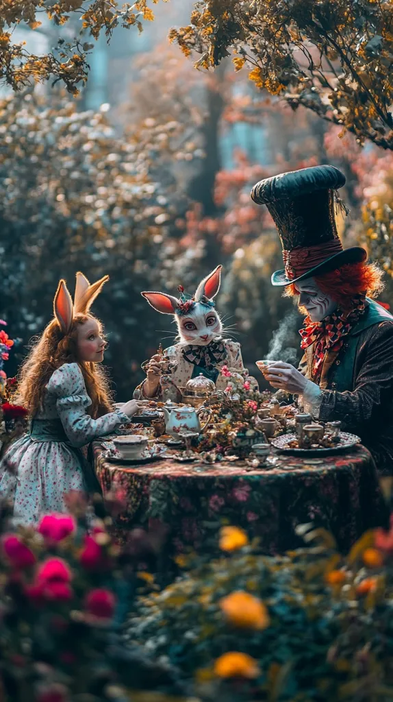 A whimsical scene unfolds, reminiscent of Alice in Wonderland.  A young girl with long red hair sits at a table laden with teacups and a cake stand, opposite the Mad Hatter in his iconic top hat and a white rabbit in a waistcoat.  The setting is a lush, autumnal garden, bathed in soft, diffused light.  The overall mood is enchanting and slightly surreal, capturing the spirit of a fantastical tea party.  The attention to detail in the costumes and setting creates a visually compelling narrative.