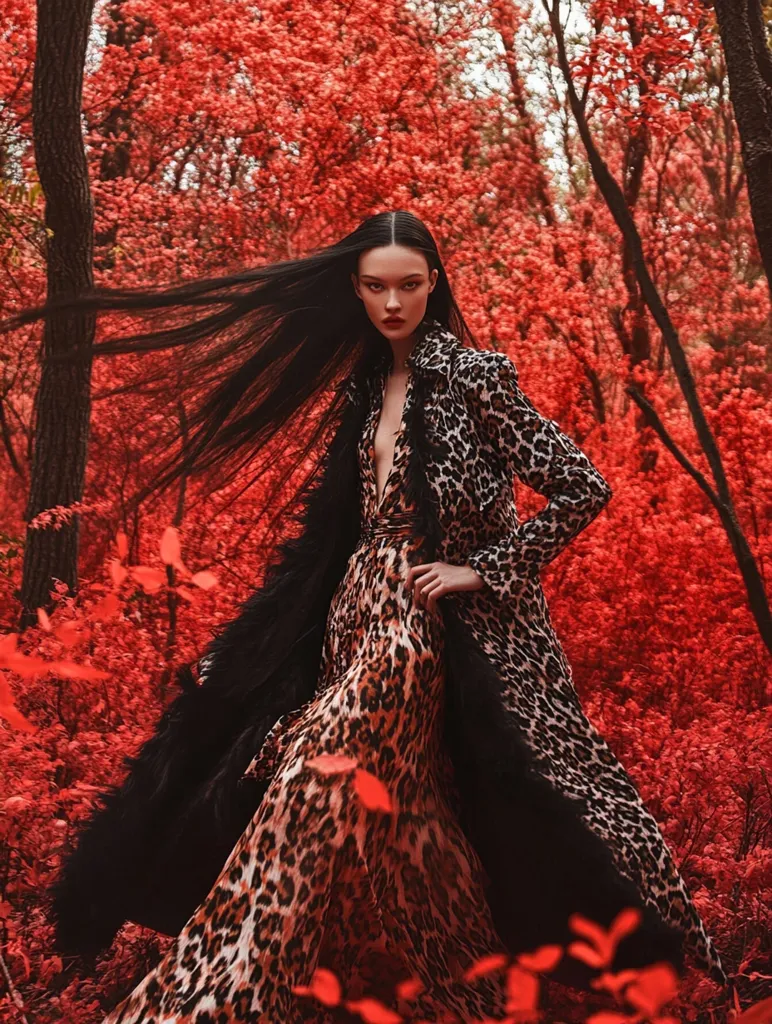 A fashion model with long, dark hair strides through a vibrant red forest. She wears a flowing leopard-print maxi dress, overlaid with a black, feathered-trimmed coat. The contrast between her outfit and the crimson backdrop creates a dramatic, almost surreal atmosphere.  Her confident pose and intense gaze add to the image's captivating power. The overall effect is one of striking beauty and boldness.