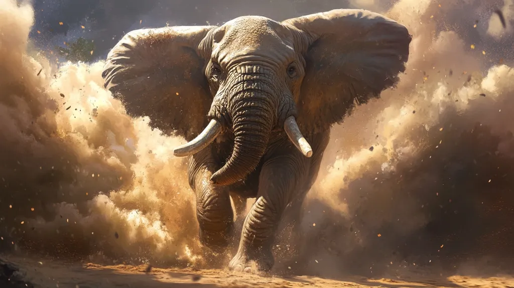 A powerful bull elephant charges forward, its massive form kicking up a cloud of tan dust. The elephant's wrinkled gray skin and large tusks are prominently displayed. The scene is dynamic and evokes a sense of raw power and untamed nature. The background is blurred, focusing attention on the majestic creature in motion. The overall color palette is warm, with shades of brown and tan dominating the image.