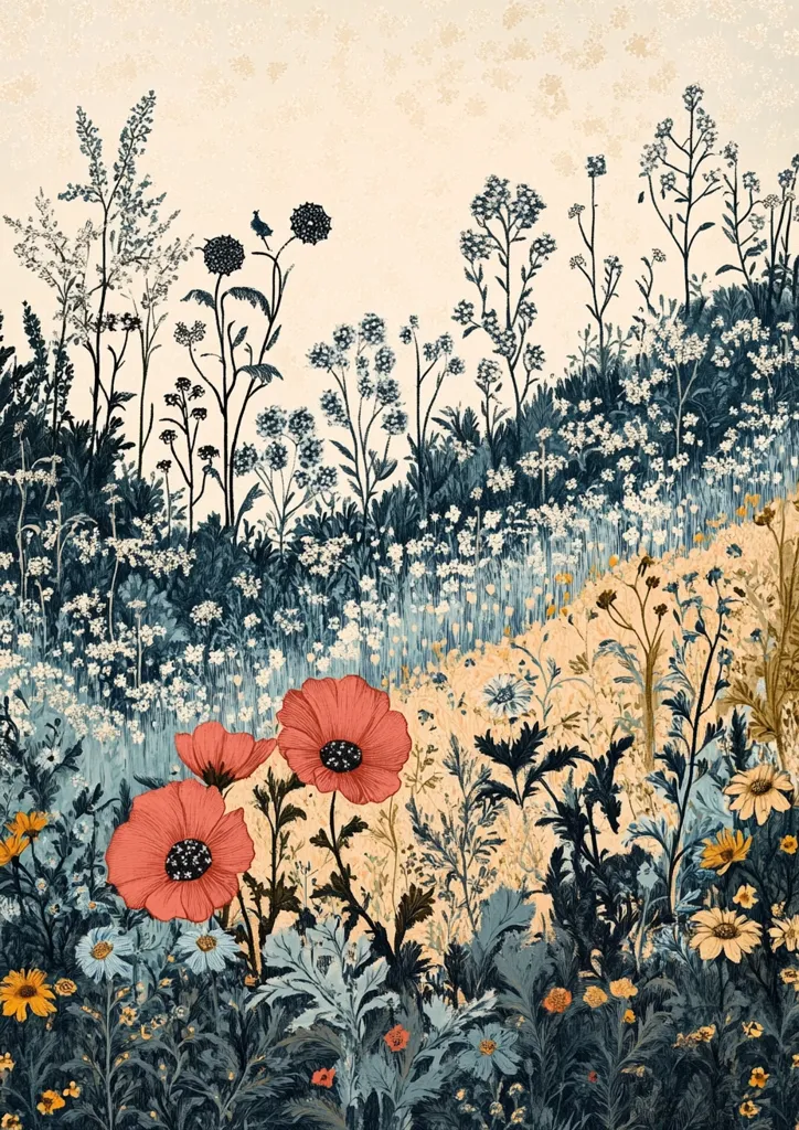 Here's a description of the image:

The illustration depicts a vibrant, stylized wildflower meadow. Predominantly teal and blue-green hues paint the various plants, creating a cool, almost mystical atmosphere.  A path of pale beige meanders through the foliage, leading the eye towards three prominent coral-red poppies in the foreground.  The background features a dense variety of smaller flowers and grasses, with delicate, almost silhouetted lines suggesting depth and texture.  A tiny bird is perched on one of the taller plants, adding a subtle detail to the scene's overall tranquility. The style is reminiscent of botanical illustration, blending realism with a slightly whimsical touch.