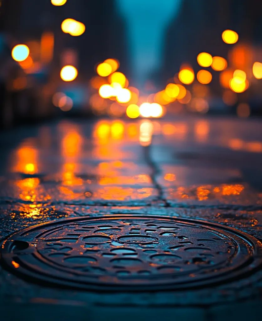 Here's a description of the image:

The photograph showcases a wet, circular manhole cover in the foreground, sharply in focus.  It's a dark metal, reflecting the blurred, warm-toned lights of a city street at night. The background is a bokeh of out-of-focus lights, creating a dreamy, atmospheric effect. Rainwater on the street and cover adds to the reflective quality of the scene, with the colors of the lights subtly mirrored on the wet surface. The overall mood is moody, urban, and slightly melancholic, yet beautiful in its atmospheric depth.