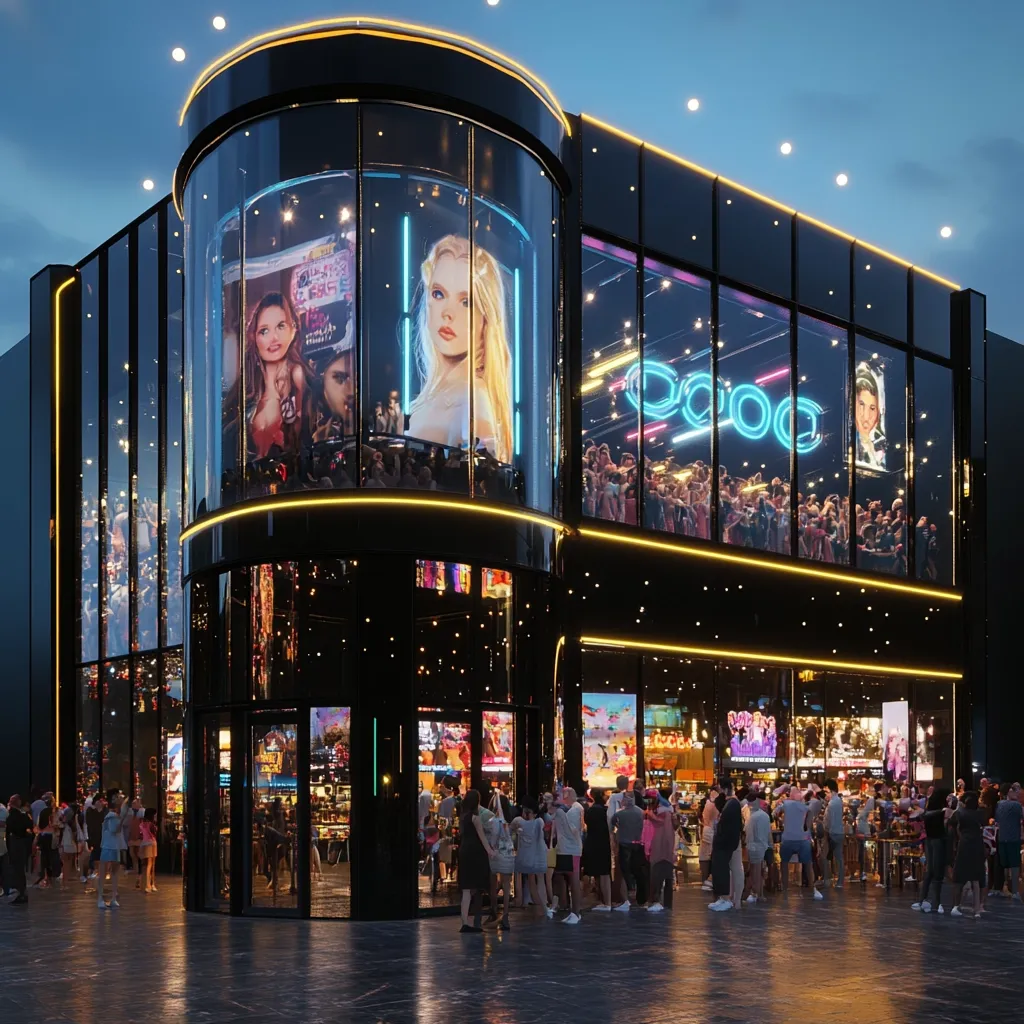 Here's a description of the image:

The image showcases a modern, sleek entertainment venue at night.  The building is predominantly black glass, with large windows displaying vibrant promotional imagery of movies and celebrities.  A curved section features a prominent digital display showing a woman's portrait.  Inside, crowds of people are visible, suggesting activity and a lively atmosphere.  Outside, a sizable group of people wait in line, likely to enter the establishment. The building is well-lit, with neon accents enhancing its modern aesthetic.  The overall impression is one of a sophisticated and bustling entertainment center.