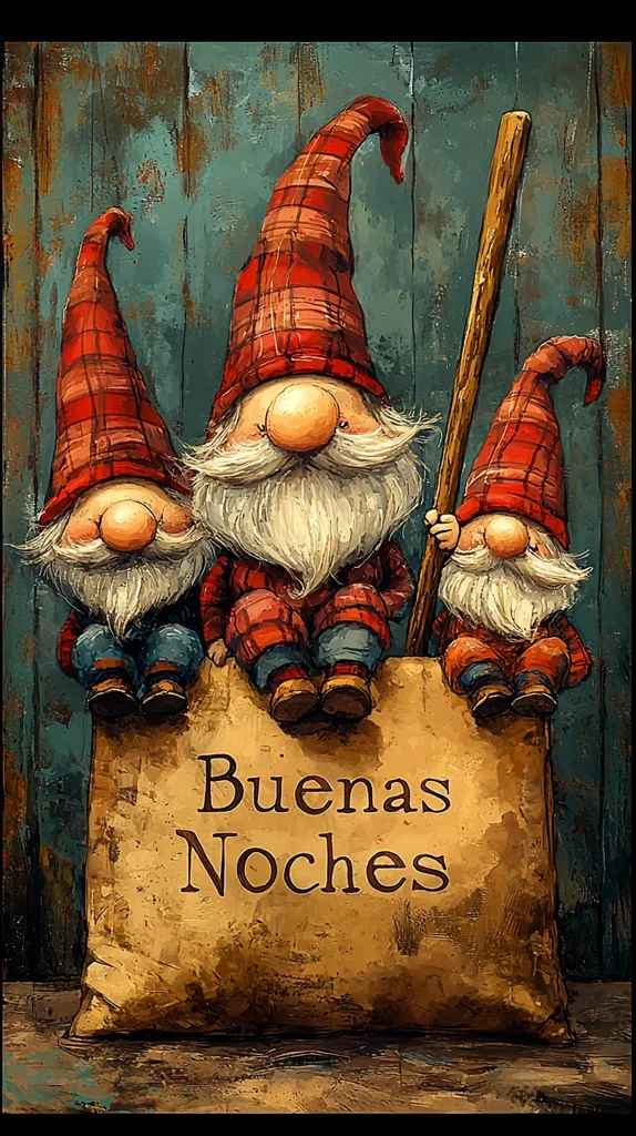 Here's a description of the image:

The artwork depicts three whimsical gnomes, each wearing a red and black plaid hat and matching jacket, seated atop a large burlap sack.  The sack bears the Spanish phrase "Buenas Noches" (Good Night). The central gnome holds a long wooden staff.  The gnomes have large noses, white beards, and are painted in a style that blends realism with a touch of cartoonishness. The background is a textured, dark teal wooden wall. The overall style is warm and inviting, suggesting a festive, possibly Christmas-themed, scene.