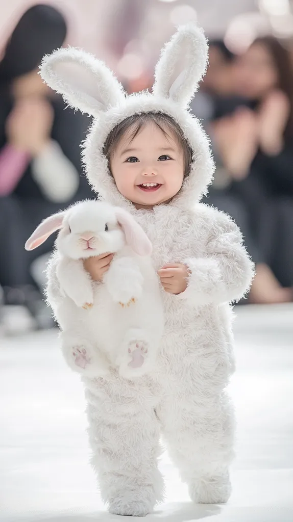 Here's a description of the image:

An adorable baby, likely under two years old, is dressed in a fluffy white bunny costume.  The outfit is complete with long bunny ears atop the hood.  The baby has a sweet, smiling expression and is holding a similarly fluffy white bunny plushie. The background is blurred, suggesting an outdoor or brightly lit indoor setting. The overall impression is one of cuteness and innocence, a charming photograph of a child in costume.