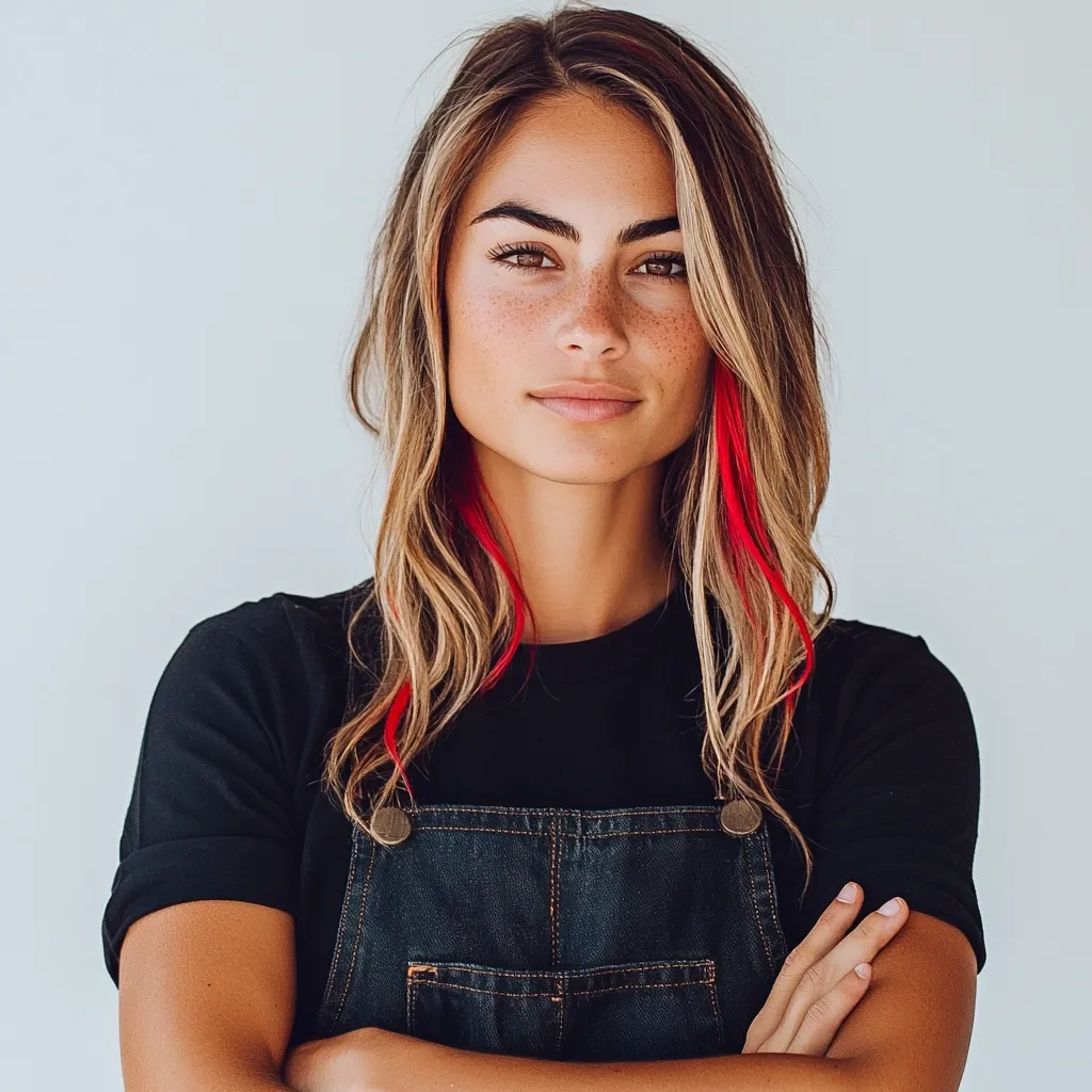 A young woman with shoulder-length light brown hair, accented by thin, bright red streaks, stands against a muted white background.  She's wearing a black short-sleeved shirt over dark denim overalls. Her arms are crossed, and she has a confident, neutral expression.  Her complexion is light with visible freckles. The overall impression is one of casual confidence and understated style.