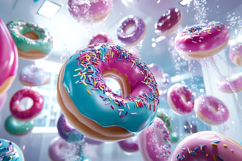A vibrant image showcases numerous colorful donuts suspended mid-air, seemingly floating in water.  The donuts are various shades of pink, teal, and green, generously decorated with rainbow sprinkles.  The background is a blurry, light-toned space, allowing the brightly colored donuts to be the focal point. The overall effect is playful and whimsical, evoking a sense of deliciousness and lighthearted fun.