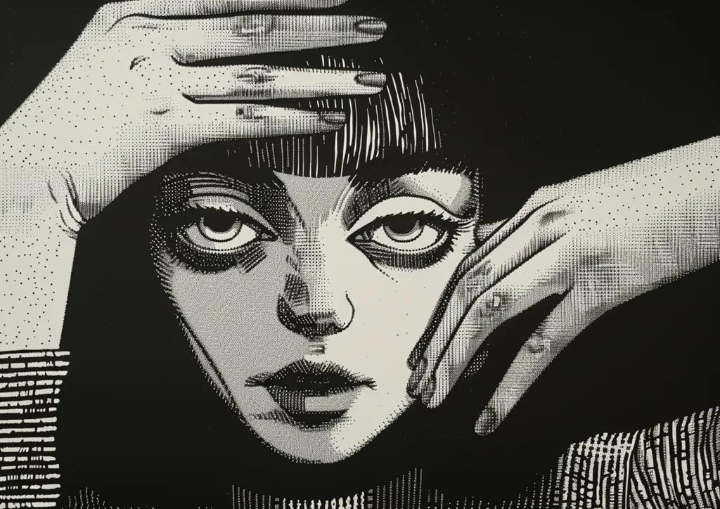Here's a description of the image:

The artwork is a striking black and white portrait of a woman, rendered in a stippled style reminiscent of halftone printing.  Her face is the central focus, framed by hands that delicately shade her eyes and forehead. Her expression is serious, almost pensive, emphasized by her large eyes and slightly parted lips. The woman's short, blunt bangs add to her mysterious demeanor. The high contrast between black and white enhances the dramatic effect, creating a visually captivating piece with a vintage feel.  The texture created by the stippling adds a sense of depth and intrigue to the image.
