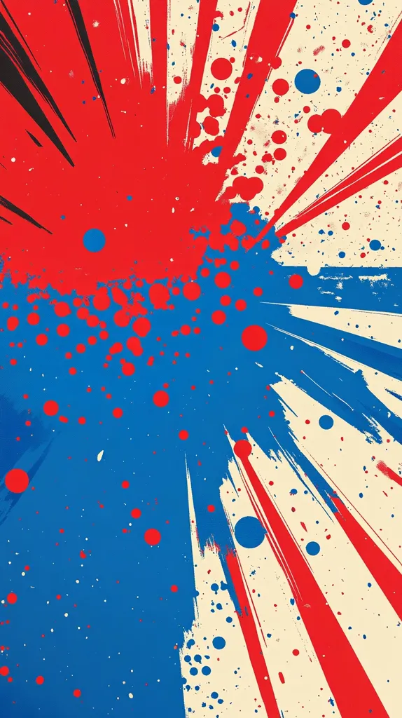 The image is an abstract explosion of color, primarily red, blue, and off-white.  Red and blue brushstrokes radiate outward from a central point, creating a starburst effect.  Scattered throughout are various sized dots in red and blue, adding texture and depth. The style suggests a dynamic, energetic scene, possibly evoking feelings of movement or celebration.  The color palette is bold and contrasting, creating a visually striking piece.
