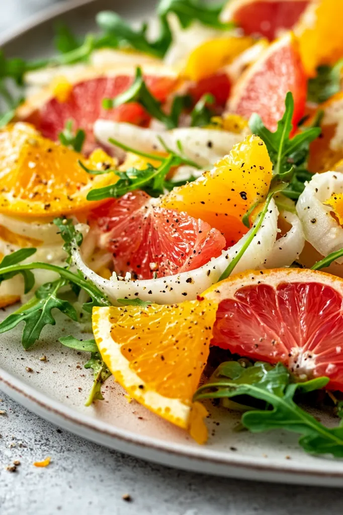 A vibrant citrus salad is artfully arranged on a plate.  Slices of juicy oranges and ruby red grapefruit are interspersed with tender arugula leaves and thinly sliced white onions.  A light dusting of black pepper adds a subtle contrast to the bright colors. The overall presentation is fresh and appealing, highlighting the natural beauty of the ingredients.