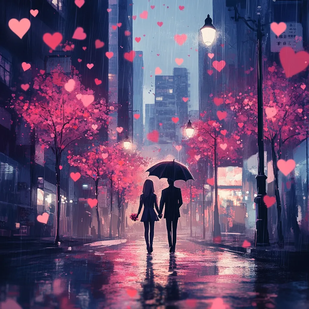 A romantic digital painting depicts a couple holding hands under a shared umbrella on a rainy city street.  Pink heart-shaped lights and falling hearts create a magical, Valentine's Day atmosphere.  Trees adorned with pink blossoms line the wet street, reflecting the city lights in the puddles.  The couple's silhouettes are elegantly rendered against the vibrant, whimsical backdrop.  The overall mood is one of love, romance, and enchantment.