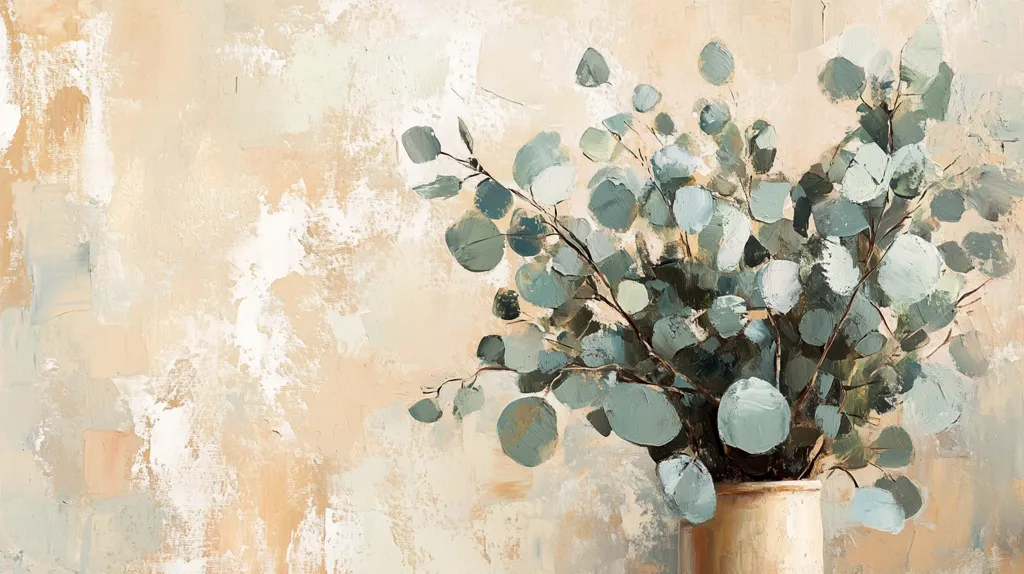 The painting depicts a still life of eucalyptus branches in a cream-colored vase.  The style is loose and impressionistic, with visible brushstrokes creating texture. The eucalyptus leaves are rendered in muted blues and greens, contrasting against a warm, beige background with a textured, almost stucco-like effect. The overall impression is one of serene simplicity and understated elegance. The focus is on the delicate beauty of the eucalyptus, its forms highlighted against the softer backdrop.