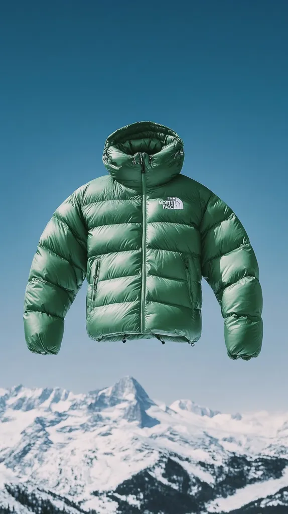 Here's a description of the image:

A seafoam green The North Face puffer jacket, with its hood up, floats against a vibrant blue sky. The jacket, appearing lightweight yet insulated, is shown in sharp focus, contrasting with the softly blurred background of a snow-capped mountain range. The crisp, clean lines of the image highlight the jacket's design and the contrasting textures of the down fill and the snowy landscape. The overall mood is one of serenity and adventure, suggesting the jacket's suitability for outdoor pursuits in cold climates.