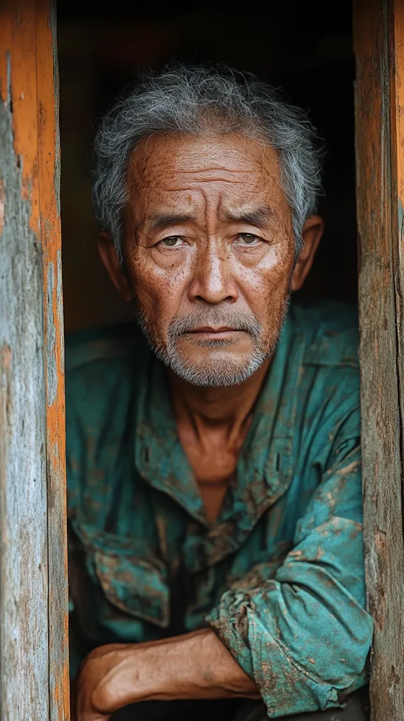 Close-up portrait of an elderly Asian man with graying hair, his weathered face etched with the passage of time. He gazes directly at the camera with a serious expression, his eyes holding a depth of experience.  He's wearing a teal, work-worn shirt, and his arms are folded, conveying a sense of quiet strength and resilience. The man is partially framed within a weathered wooden doorway, adding to the image's rustic and contemplative mood. The dark background enhances the focus on the subject's expressive features.