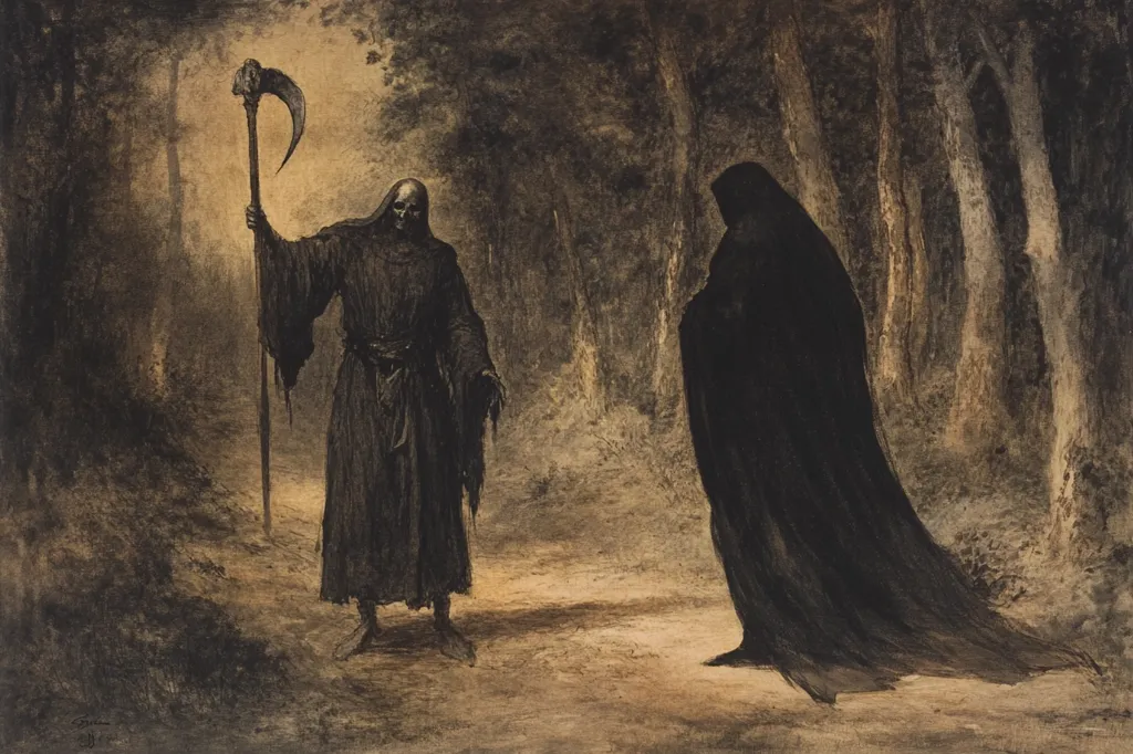 A somber watercolor painting depicts two cloaked figures in a dark forest. One, resembling the Grim Reaper, carries a scythe-topped staff, his skeletal face visible beneath a dark hood. The other figure is entirely shrouded in shadow, their features obscured. The figures stand on a dirt path, their forms stark against the muted background of trees and fading light, creating a mysterious and somewhat ominous atmosphere. The style is reminiscent of Romantic or Symbolist art, conveying a sense of dread and the unknown.