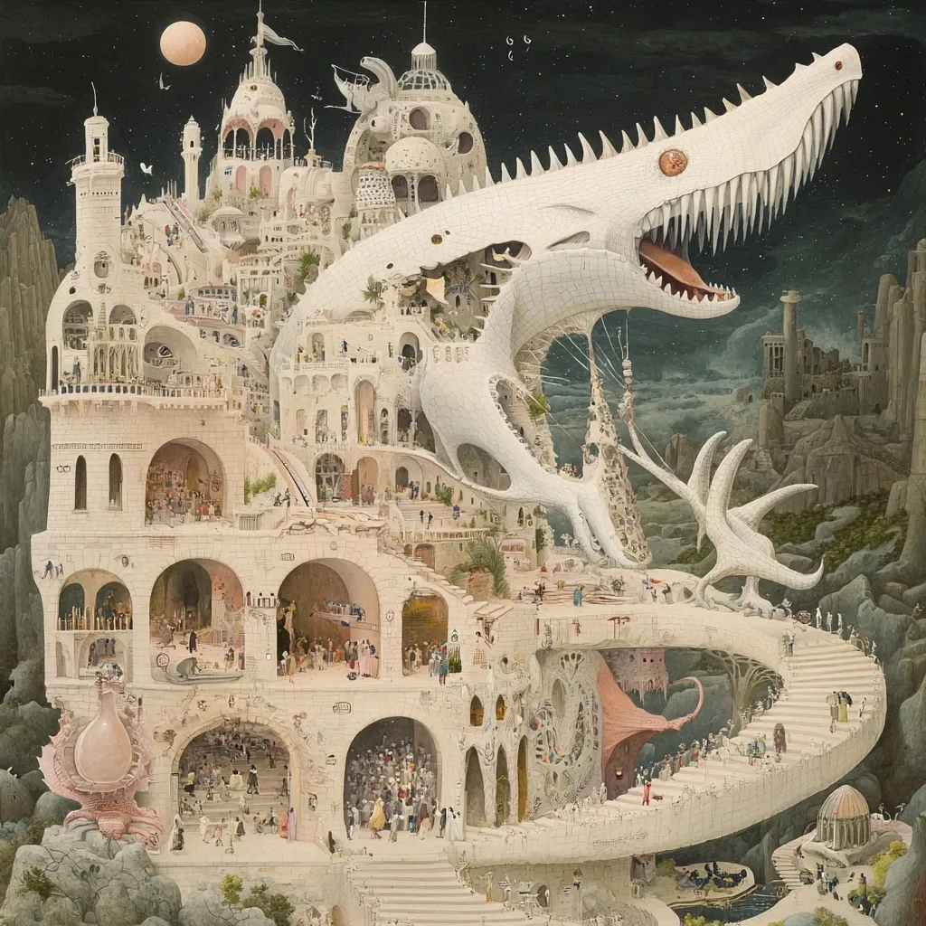 A fantastical illustration depicts a colossal, white dragon intertwined with a multi-levelled, intricate castle.  The castle, seemingly built into the dragon's form, is populated with tiny figures, suggesting bustling activity within its numerous rooms and corridors.  A winding staircase spirals around the structure, leading to different levels. The scene is set against a dark, starry night sky, with a full moon visible, and hints of a ruined city in the background, creating a surreal and dreamlike atmosphere. The style is reminiscent of detailed architectural drawings combined with elements of fantasy.