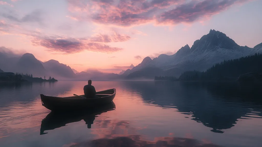 A lone figure sits in a small rowboat on a calm lake at sunset.  The water reflects the soft pink and purple hues of the twilight sky.  Misty mountains rise in the distance, their peaks dusted with snow, creating a serene and tranquil atmosphere.  The scene evokes a sense of peace and solitude in the breathtaking natural landscape.
