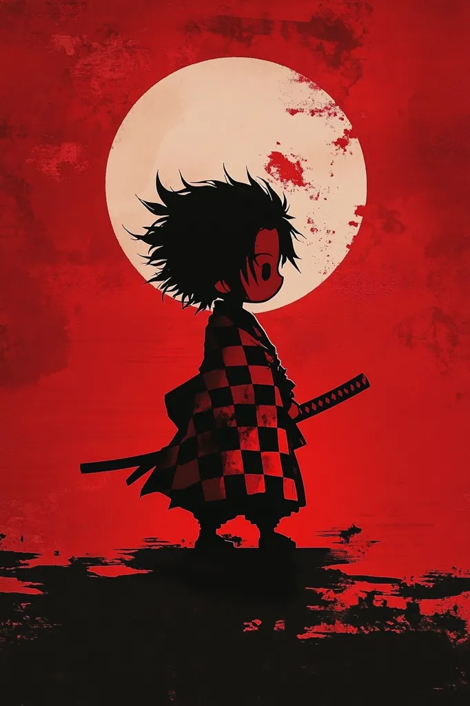 Here is a description of the image:

The image is a stylized depiction of a young, chibi-like character, reminiscent of anime art, standing before a large, pale orange moon set against a vibrant red sky. The character, possibly a samurai, is silhouetted in black and wears a checkered, kimono-style garment.  They hold a katana, its hilt visible at their side, adding to the warrior aesthetic. The red background has a textured, almost paint-splattered look, creating a dramatic and intense mood. The overall style is minimalist yet evocative, with a strong focus on color contrast and silhouette.