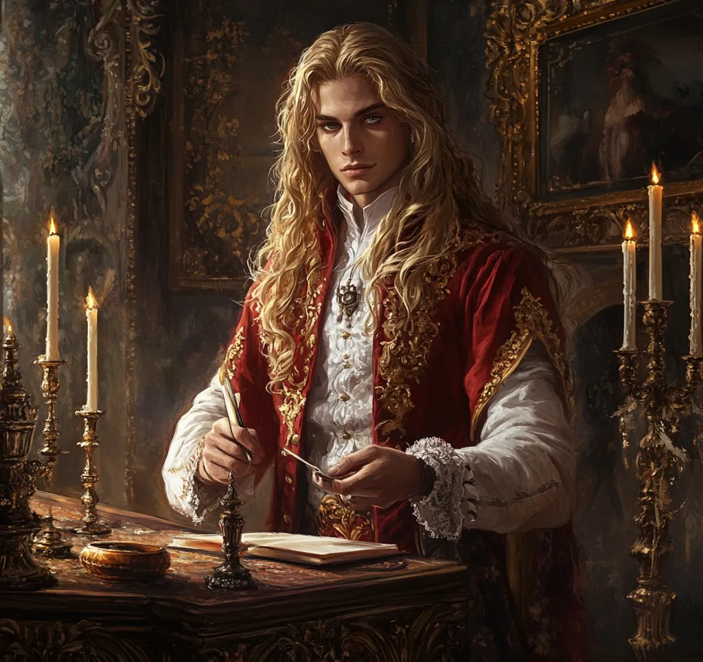 The image depicts a young man with long blonde hair, dressed in a richly detailed red and gold robe over a white shirt. He sits at an ornate desk in a dimly lit, opulent room, illuminated by candlelight.  His expression is serious and composed as he holds a quill and what appears to be a piece of parchment, seemingly writing.  The overall aesthetic is reminiscent of a classic portrait or a scene from fantasy literature, emphasizing elegance and a sense of mystery.