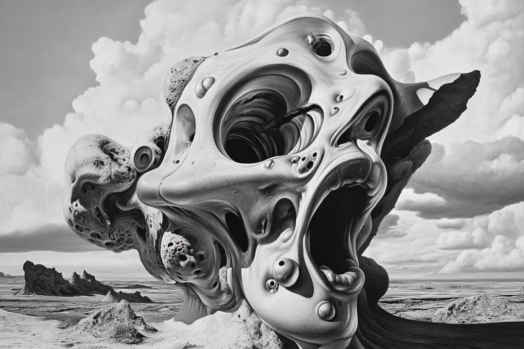 A black and white image depicts a surreal, biomorphic sculpture resembling a monstrous face, set against a desolate landscape under a dramatic sky.  The sculpture is highly textured, with cavernous openings and bulbous protrusions, creating a sense of both organic growth and decay. Its gaping mouth suggests a scream or cry, adding to the overall feeling of unease and otherworldliness. The background features a barren, rocky plain, emphasizing the isolation and strange beauty of the central figure.  The contrast between the intricate detail of the sculpture and the starkness of the landscape is striking.