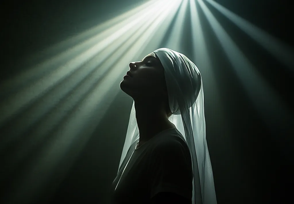 Here's a description of the image:

The photograph is a dramatic, stylized portrait of a young woman.  She is silhouetted against a dark background, illuminated only by beams of light that seem to emanate from above, creating a celestial or spiritual feel. The woman wears a sheer, white head covering that flows down her back, partially obscuring her form. Her head is tilted back, and her eyes are closed, suggesting a state of prayer, contemplation, or surrender. The overall mood is one of serenity, mystery, and reverence.