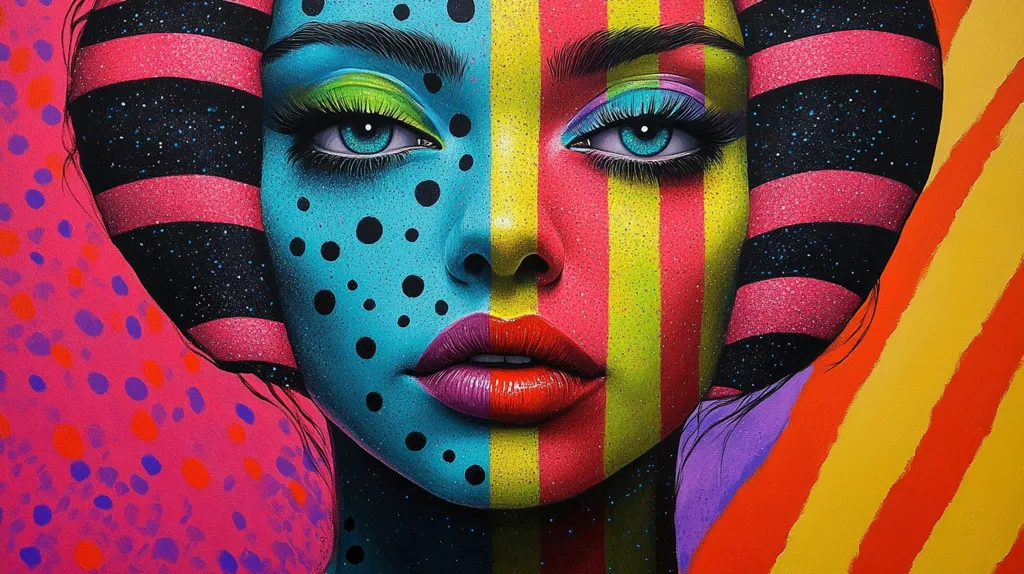 A vibrant, stylized portrait of a woman's face dominates the canvas.  One half is painted in bold, contrasting stripes of pink, yellow, and red, while the other features a teal base with black polka dots.  Her makeup is equally striking, with bright green and purple eyeshadow complementing her piercing blue eyes.  The background is a dynamic mix of pink, orange, and purple, creating a powerful and visually arresting piece of pop art.  The woman's headpiece is a bold pink and black striped design.
