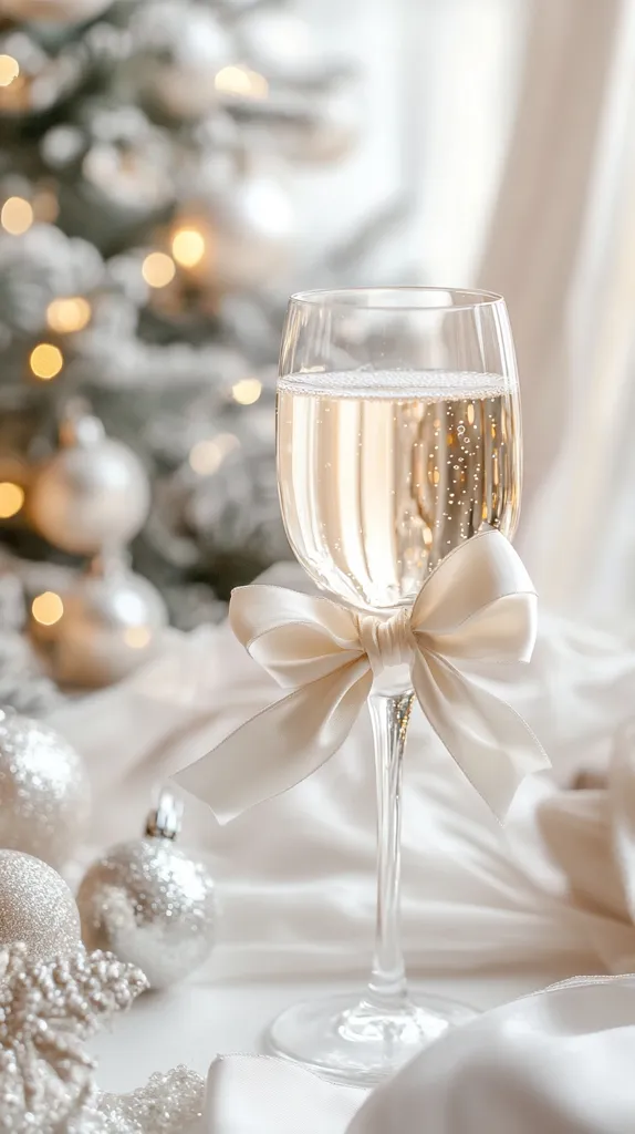 Here's a description of the image:

A champagne flute, adorned with a delicate cream-colored satin bow, sits at the forefront. It's filled with a sparkling golden liquid, likely champagne. The background is softly blurred, showcasing a Christmas tree with twinkling lights and shimmering, silver ornaments. The overall setting is elegant and festive, with soft, luxurious fabrics draped around the base of the glass. The color palette is primarily white, silver, and champagne gold, creating a refined and celebratory mood.