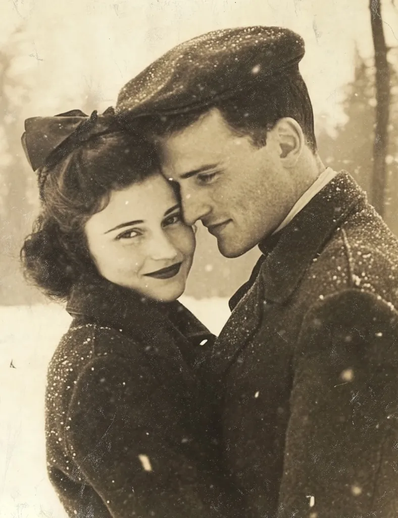 A sepia-toned photograph captures a tender moment between a young couple, cloaked in winter attire.  The woman, with dark hair styled with a bow, gazes lovingly at the man, who wears a newsboy cap.  Snow lightly dusts their coats and the background, suggesting a snowy outdoor setting. Their faces are close, conveying intimacy and affection. The image evokes a sense of nostalgia and romance, reminiscent of a vintage photograph.