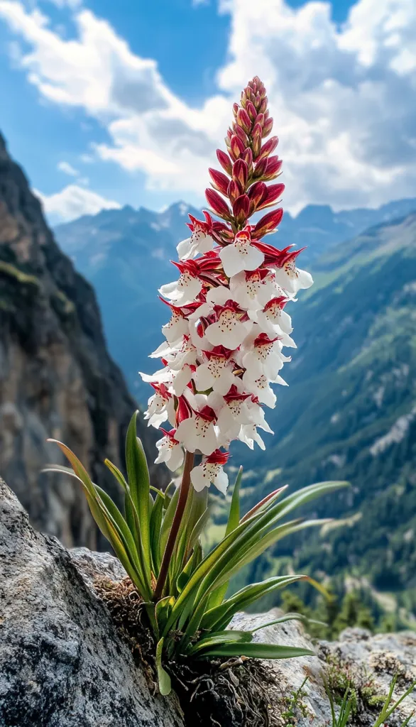 A vibrant, white and maroon orchid blossoms dramatically against a backdrop of majestic, rocky mountains under a bright, blue sky. The flower, with its numerous delicate blooms, sprouts from a crevice in a grey rock, showcasing its resilience and beauty in a rugged, alpine environment. The contrast between the soft flower and the harsh landscape emphasizes the orchid’s unique charm.  The overall image is one of breathtaking natural beauty.