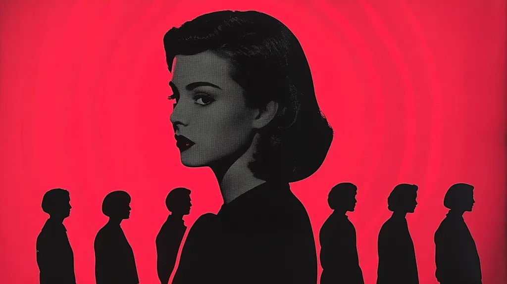 A striking pop art style image features a woman's profile in black and white, her styled bob prominent against a vibrant red background.  She dominates the foreground, her gaze directed to her right. Behind her, a row of five silhouetted figures stand in profile, suggesting a queue or following. The contrast between the bold red and the stark black silhouettes creates a powerful visual impact, hinting at themes of individuality, conformity, or leadership.