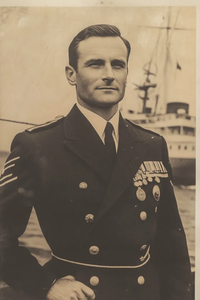 Here's a description of the image:

A sepia-toned portrait shows a man in a dark double-breasted naval officer's uniform.  He stands with his hand resting on his hip, his gaze directed slightly to his right. His dark hair is neatly combed back, and he sports a crisp tie.  Numerous medals and ribbons are displayed on his chest.  A large ship is blurred in the background, suggesting a maritime setting. The overall impression is one of formality and military distinction. The photograph appears to be from the mid-20th century.