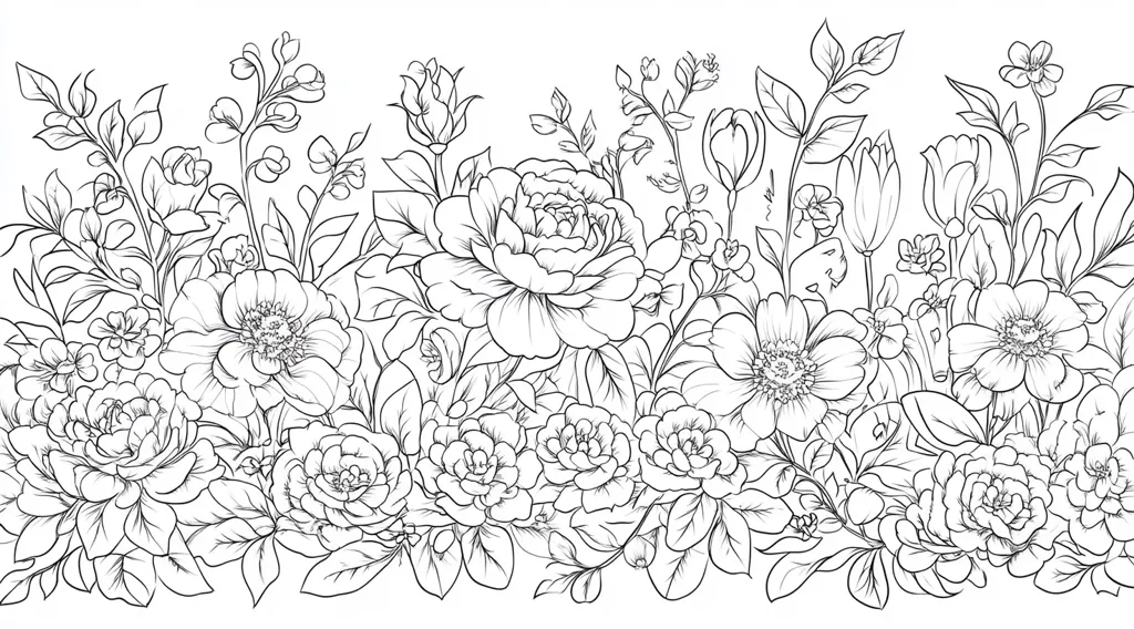 This image is a black and white line drawing of a dense arrangement of flowers.  Roses are prominent, their petals meticulously detailed, alongside other blossoms like anemones and tulips.  Smaller flowers and foliage fill the spaces, creating a lush, almost overflowing floral border.  The style is intricate and reminiscent of botanical illustration, with a focus on the delicate structure of each bloom and leaf.  The overall effect is elegant and sophisticated.