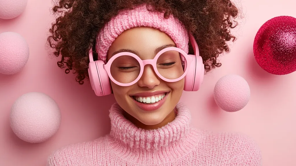 A young woman with curly brown hair relaxes on a pink background. She wears a pink knit headband, sweater, oversized round glasses, and pink headphones. Her eyes are closed, and she has a contented smile.  Several fuzzy pink spheres and one darker pink sphere are scattered around her.  The overall mood is peaceful and joyful.