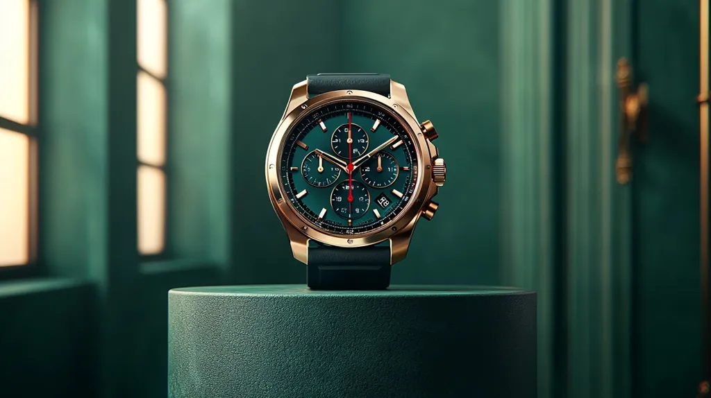 A rose gold chronograph watch with a deep green dial rests on a matching cylindrical pedestal.  The watch features red accents on the sub-dials and a black leather strap. The background is a softly blurred, dark teal room with paneled walls and hints of sunlight filtering through windows, creating a luxurious and sophisticated setting. The image emphasizes the watch's elegant design and color scheme.