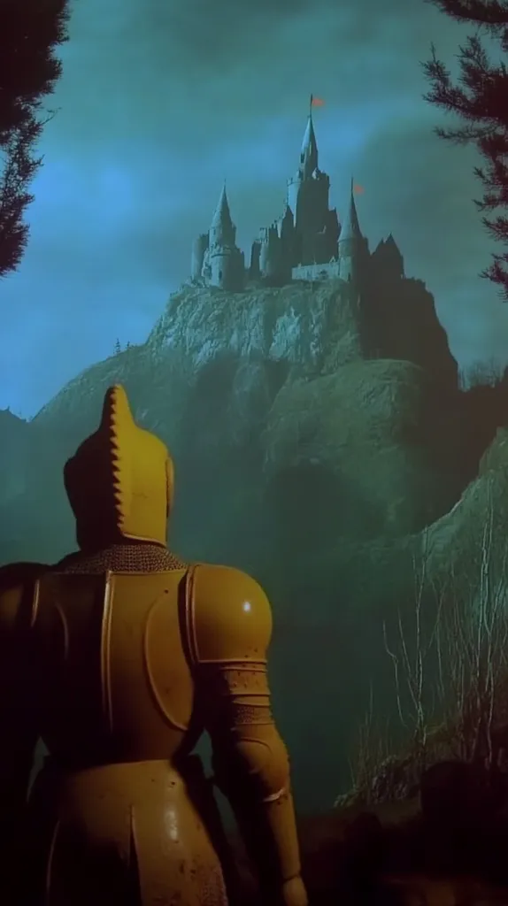 Here's a description of the image:

The image depicts a knight, clad in bright yellow armor, standing with its back to the viewer, gazing towards a medieval castle perched atop a dark, rocky hill.  The scene is set at dusk or dawn, under a moody, teal-hued sky.  The castle is imposing and detailed, while the knight's armor appears somewhat worn or weathered. The overall atmosphere is mysterious and slightly ominous, suggestive of a fantasy setting. Dark, silhouetted trees frame the scene on either side.